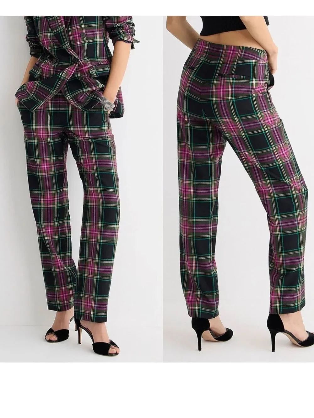 J. Crew Black Plaid Straight-Leg Pants with Purple & Green 6 new with tags